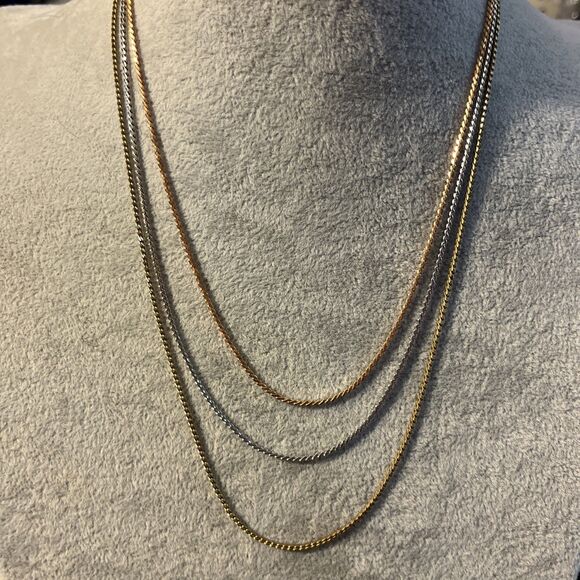 Vintage Krementz 3 Strand Multi Tone Chain Necklace Rose, Yellow Gold & Silver - Picture 1 of 8